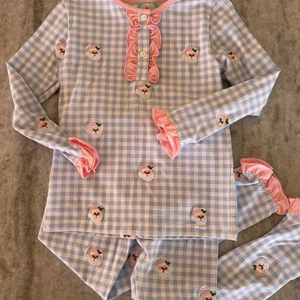 Smocked Flamingo Pink & Blue Gingham Ruffle Santa Pajama Set Size 6
